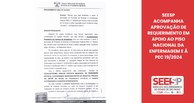 SEESP acompanha aprovação de requerimento em apoio ao Piso Nacional da Enfermagem e à PEC 19/2024