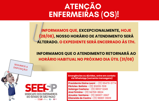 Atenção ao horário de atendimento do SEESP