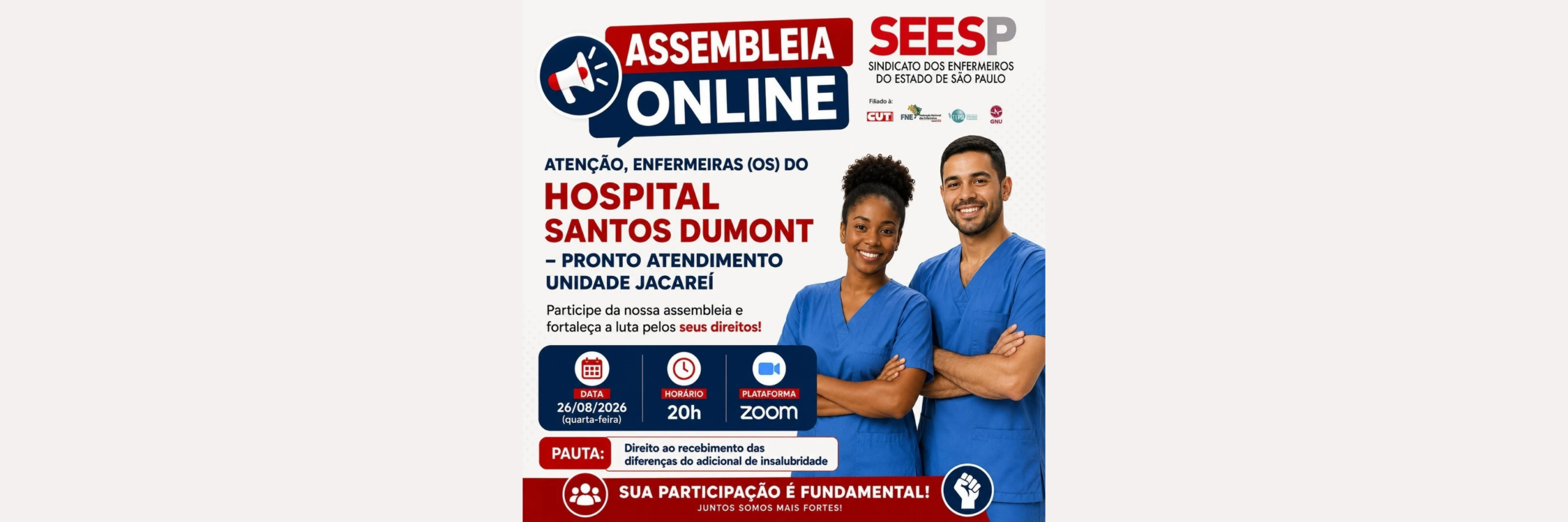Atenção, Enfermeiras (os) do Hospital Santos Dumont – Unidade Jacareí: SEESP convoca profissionais para assembleia online